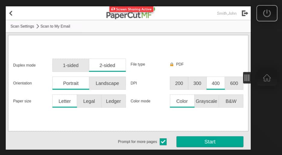 LCD screen at the printer showing the Scan to My Email settings for duplex mode, orientation, paper size, file type, DPI, and Color mode with a Start button