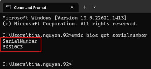 A screen capture of a Windows command prompt window with the command for finding the serial number
