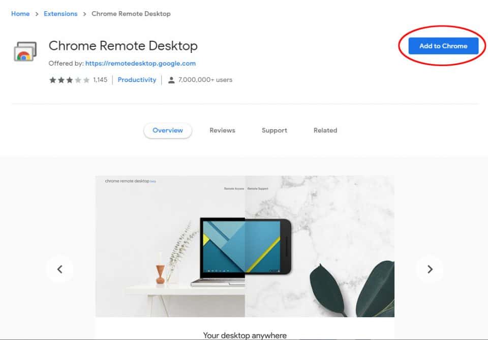 Screen capture of the Chrome Remote Desktop page with the Add to Chrome button circled
