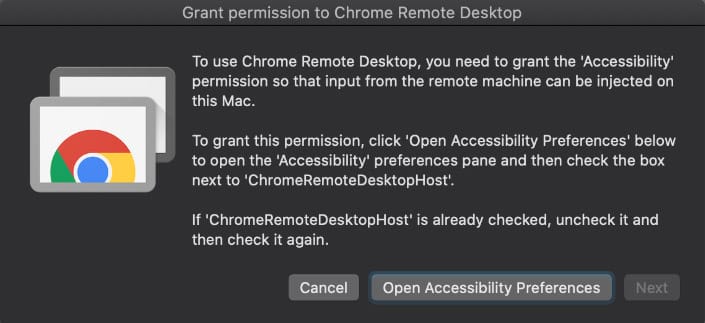 Screen capture of the Grant Permission to Chrome Remote Desktop dialog box