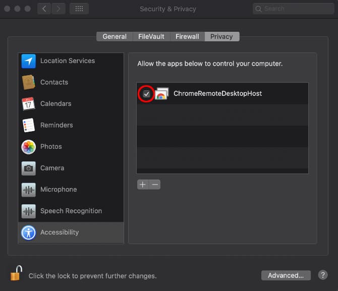 Screen capture of the System Preferences, Privacy tab with ChromeRemoteDesktopHost checked