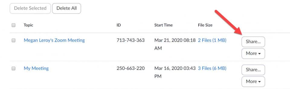 Screen capture of Zoom meetings list with an arrow pointing to one of the Share buttons