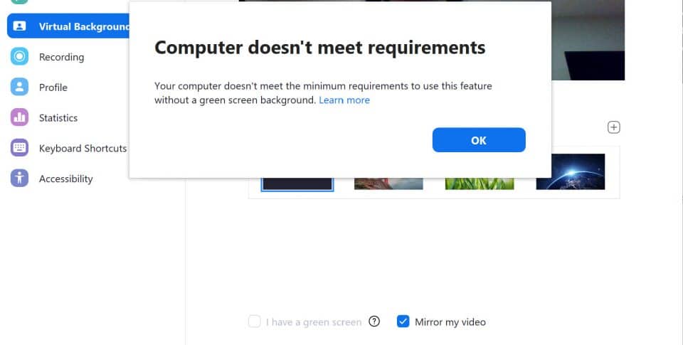 Screen capture of Zoom's Virtual Background settings with a Computer doesn't meet requirements dialog box