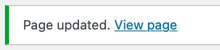 WordPress screen capture showing Page updated and a View page link