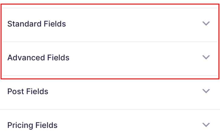 Gravity Form fields indicating the Standard Fields and Advanced Fields