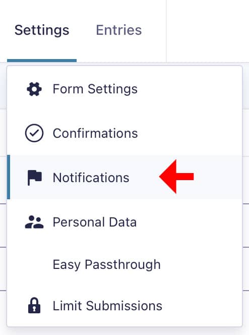 Gravity Forms Settings menu indicating the Notifications item