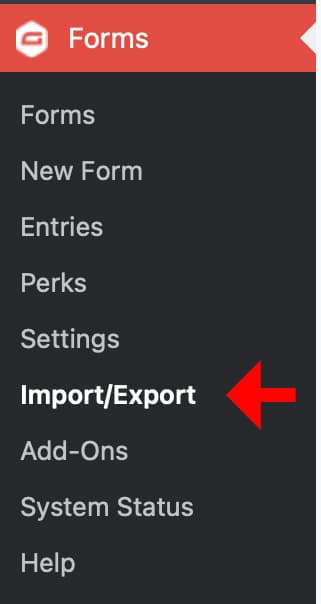 Gravity Forms menu with Import/Export indicated