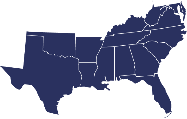 Alabama, Arkansas, Delaware, Florida, Georgia, Kentucky, Louisiana, Maryland, Mississippi, North Carolina, Oklahoma, South Carolina, Tennessee, Texas, Virginia, West Virginia