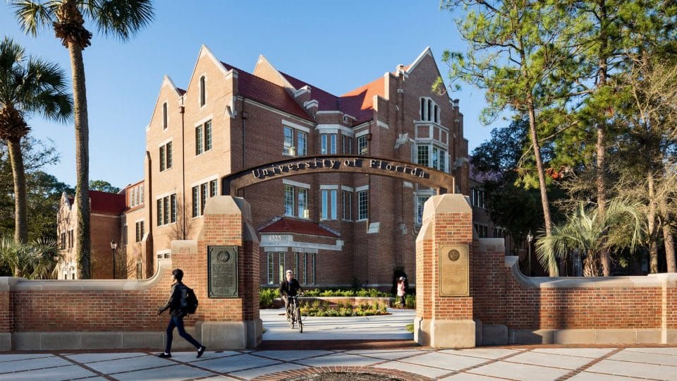 Heavener Hall behind the University of Florida Gateway on University Avenue and NW 13th Street