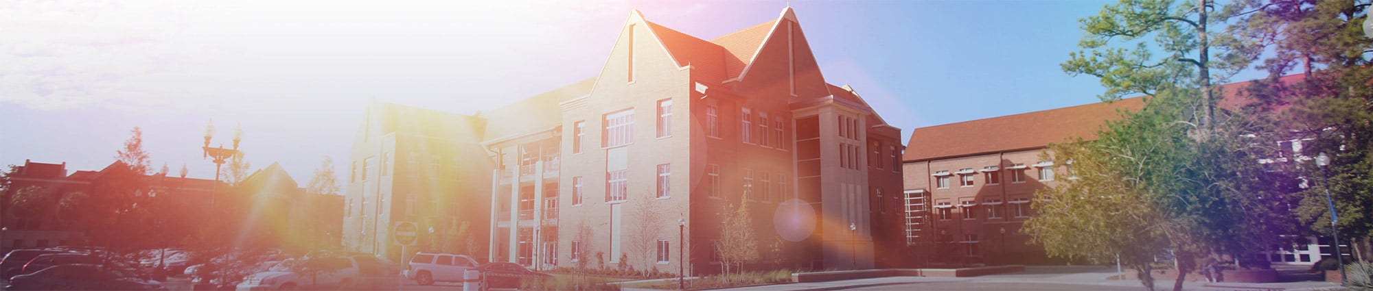 Hough Hall with a lens flare to the left and Gerson Hall to the right