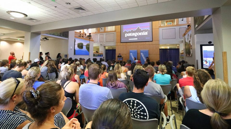 Patagonia sustainable business event at UF with Kristin Joys and Cynthia Barnett interviewing Chris Gaggia