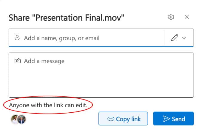 Screen capture: GatorCloud Stream Share options with Anyone with the link can edit circled