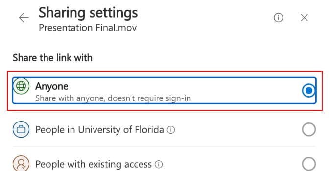 Screen capture: GatorCloud Stream Share settings with Anyone indicated