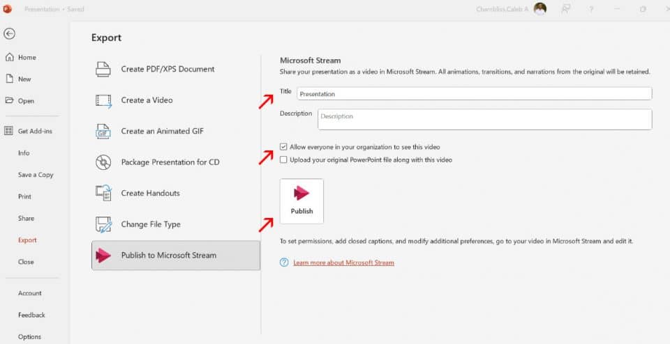 Screen capture: PowerPoint Publish to Microsoft Stream settings