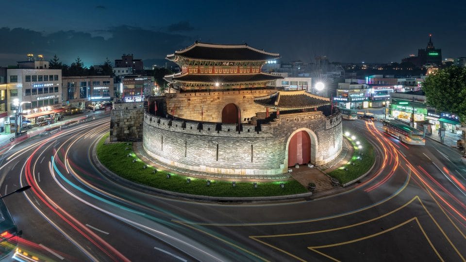 Paldamun South Gate in the middle of roundabout in South Korea, Gyeonggi-do Province, Sudogwon, Suwon