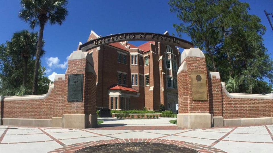 The Northeast Gateway for the University of Florida with Heavener Hall in the background