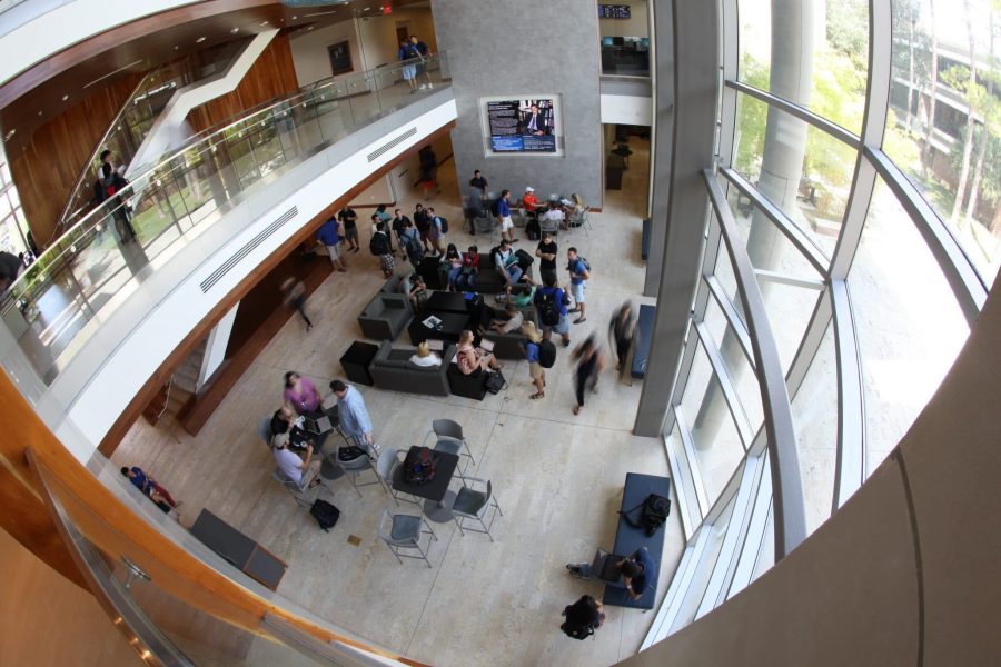 Hough Hall's north court from the second floor as people move about below