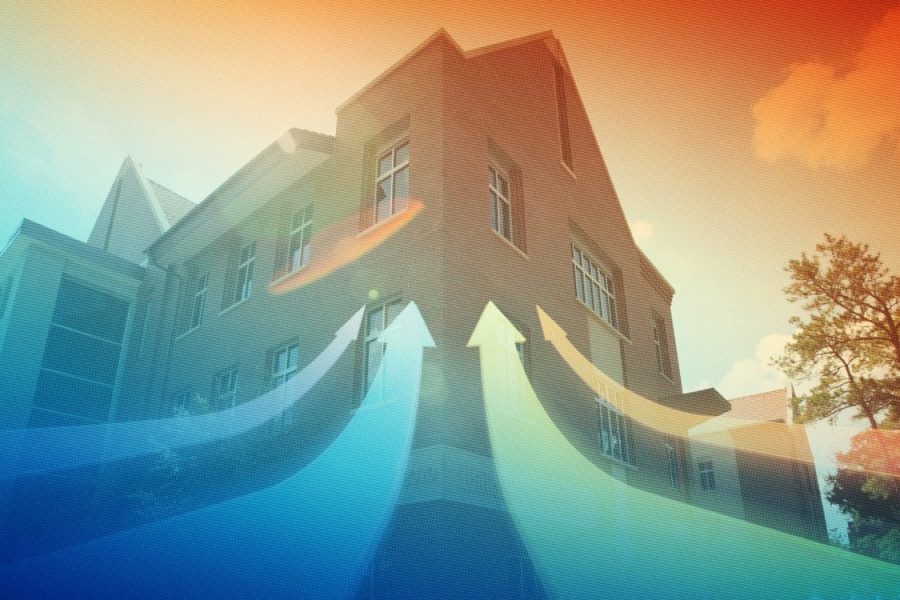 Hough Hall with curving upward arrows overlayed