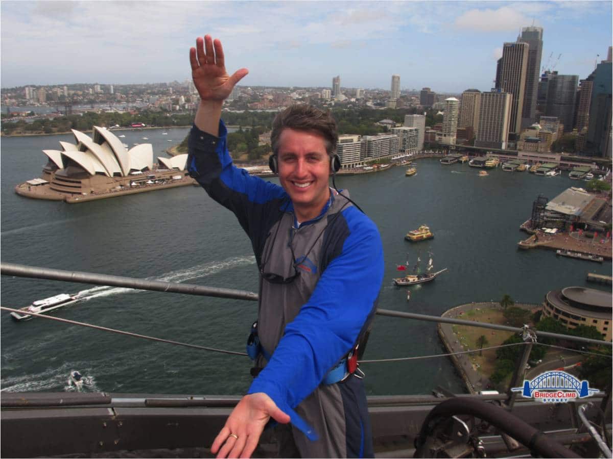 Bruce Brandes doing the Gator Chomp on top of the Sydney Harbor Bridge