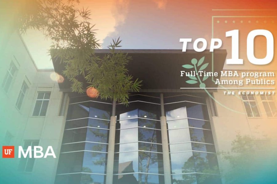 Hough Hall's curtain wall with text Top 10 Full-Time MBA Program Among Publics, The Economist