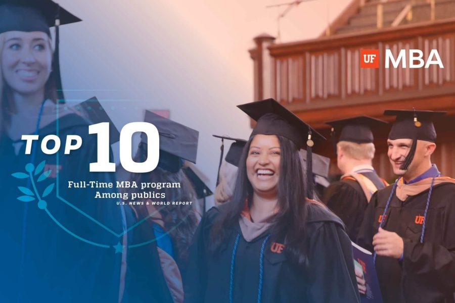 UF MBA students at graduation in their caps and gowns with overlay text that reads Top 10 Full-Time MBA program among publics, U.S. News & World Report