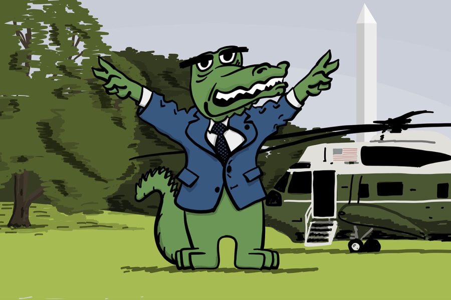 Cartoon gator in a suit holding hands up in peace signs on the White House lawn in front of Marine One helicopter