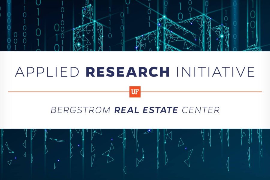 Applied Research Initiative, UF Bergstrom Real Estate Center with ones and zeros in vertical lines with geometric shapes glowing in the background