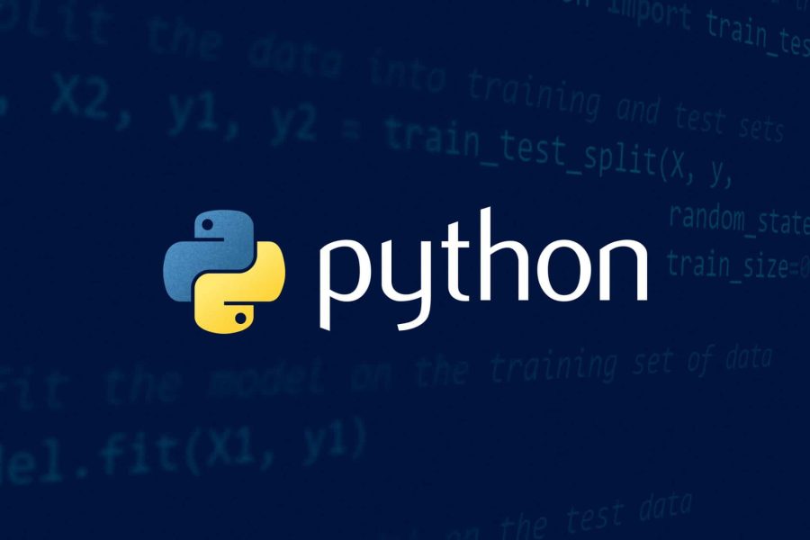Python logo over code in a dark blue background