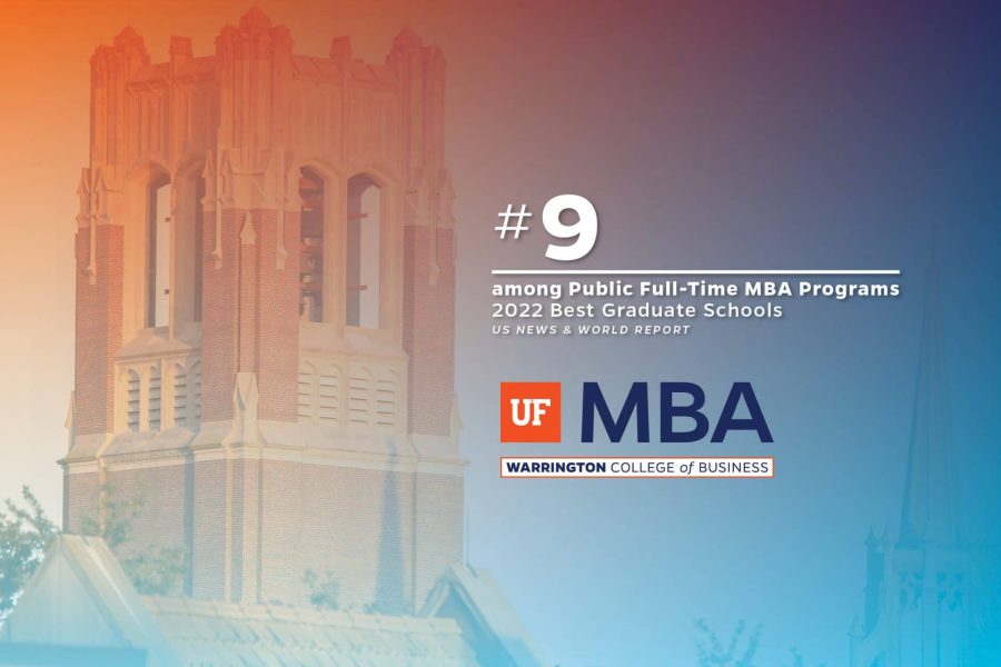 The top of Century Tower with text overlay that reads #9 among Public Full-Time MBA programs 2022 Best Graduate Schools US News & World Report
