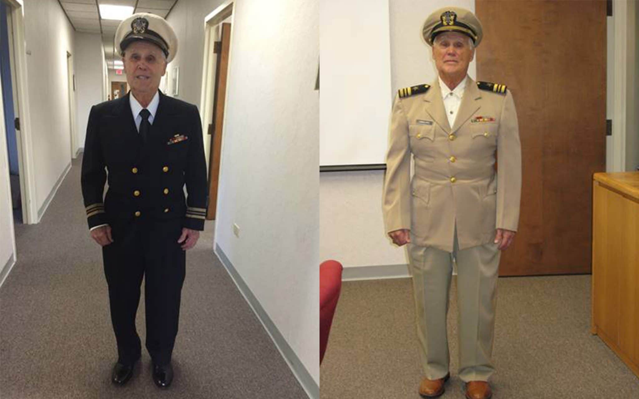 Side-by-side images of Robert Lanzillotti in two of his US Navy uniforms from WWII.  