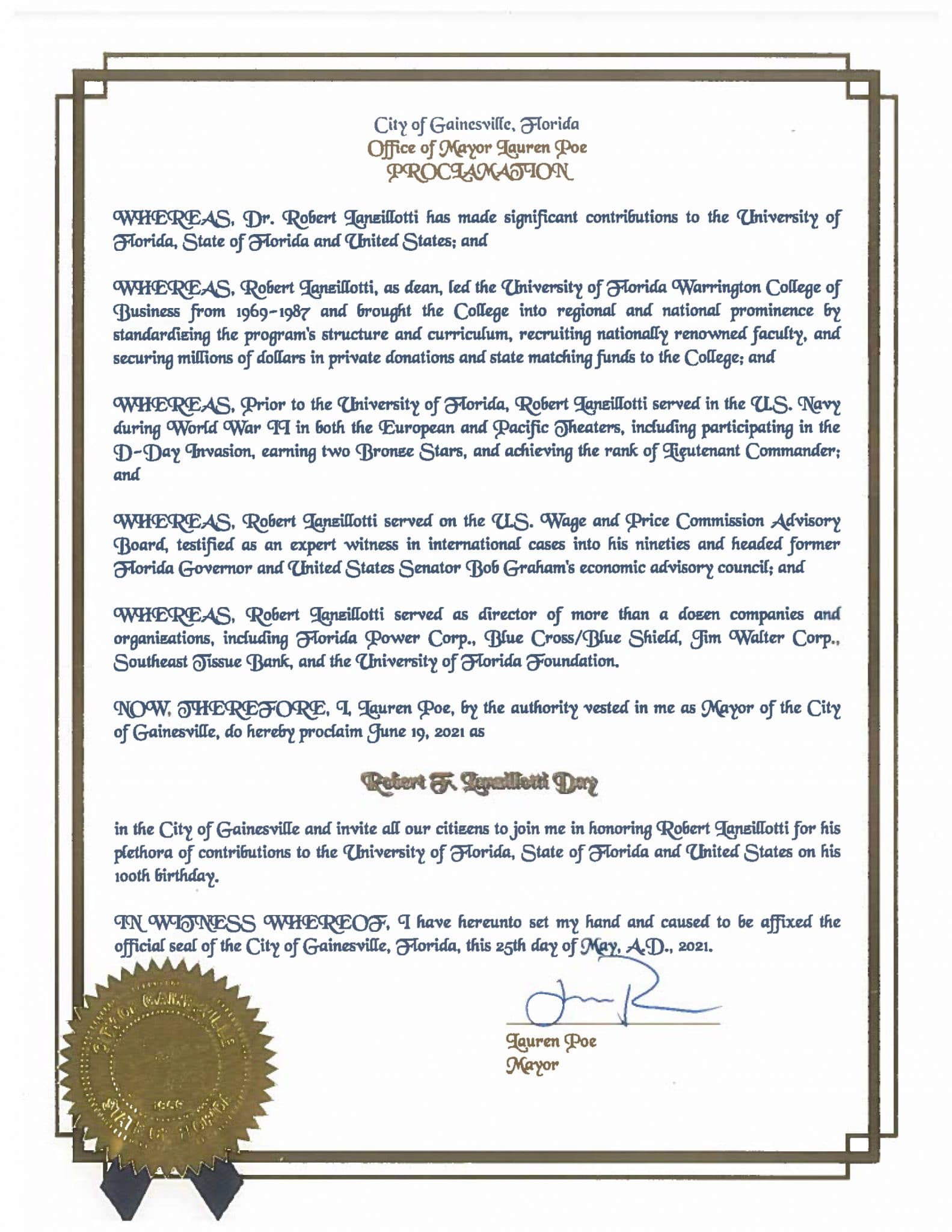 Proclamation from the City of Gainesville in honor of Robert Lanzillotti