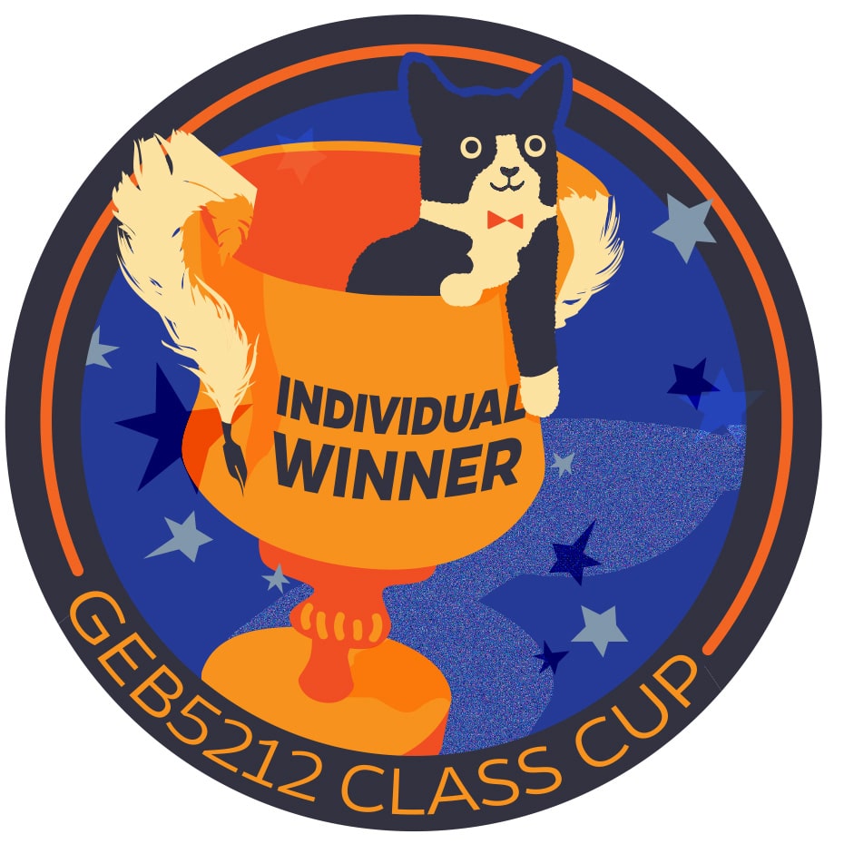 Sticker featuring a black and white cat sitting in a goblet-style cup with Individual Winner written on top of the cup all on a blue background with text below reading GEB5212 Class Cup