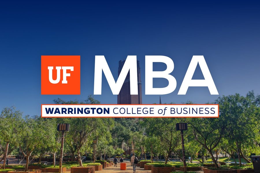 UF's Century Tower surrounded by trees with the UF MBA logo in the foreground.