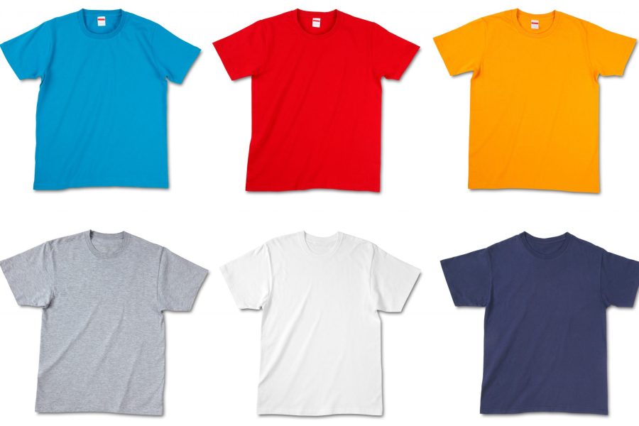 Photograph of six blank T-shirts, Blue, Red, Yellow, Gray, White, and Navy