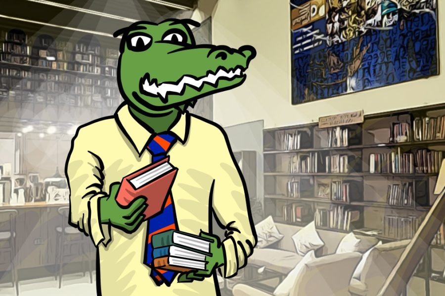 A gator stands in a library, extending a book.