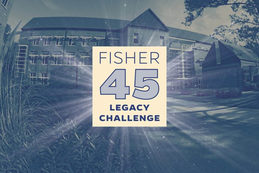 Fisher 45 Legacy Challenge text at center with an image of Gerson Hall in the background.
