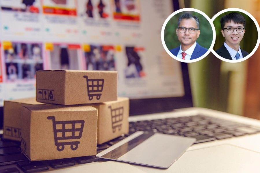 Tiny boxes with shopping carts and a credit card on them on a laptop keyboard. Anuj Kumar and Xiang (Shawn) Wan are super-imposed in the upper right corner
