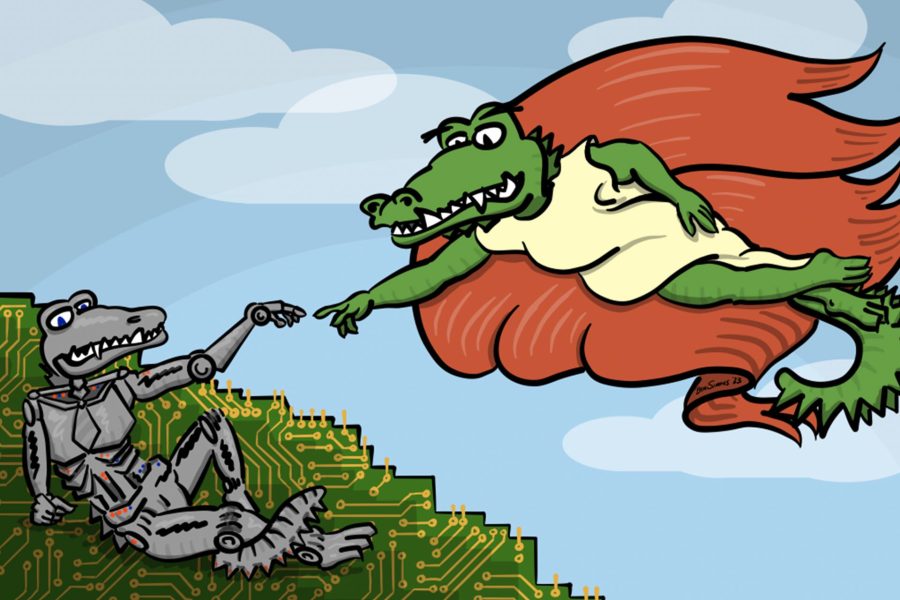 Illustration of a robotic Gator reclining on the ground and an angelic Gator in the clouds.