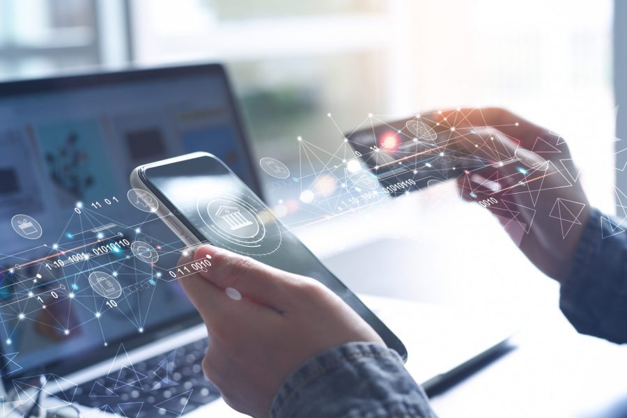 Digital banking, internet payment, online shopping, financial technology concept. Woman using mobile phone and credit card paying via mobile banking app for online shopping with technology icons