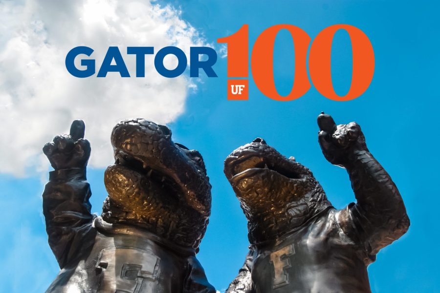 Gator100 logo above a bronze statue of UF mascots Albert and Alberta.