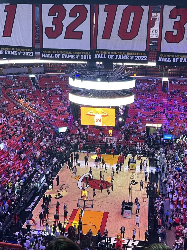 View of Miami Heat court during a game with a large crowd.