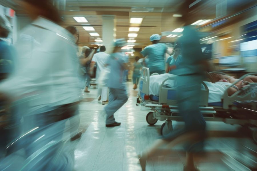 A group of dedicated healthcare professionals rush through a blurry hospital setting, attending to patients and managing the chaos of the emergency room with urgency and focus.