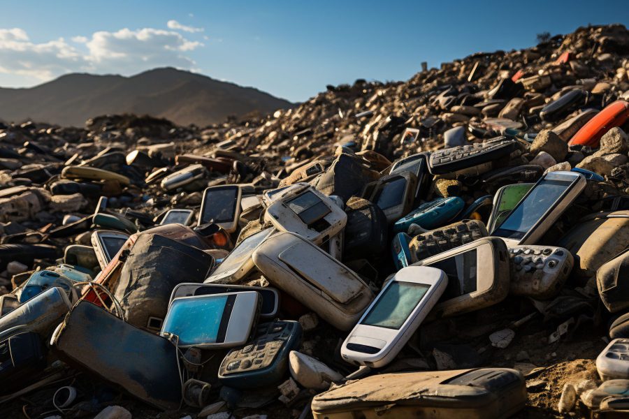 A mountain of broken cell phones contrasted by an actual mountain in the distance.