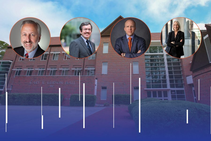 Gerson Hall in the background under four circlular photos of alumni Patrick Hopkins, Steven Kachelmeier, Michael Donohoe and Lillian Mills.