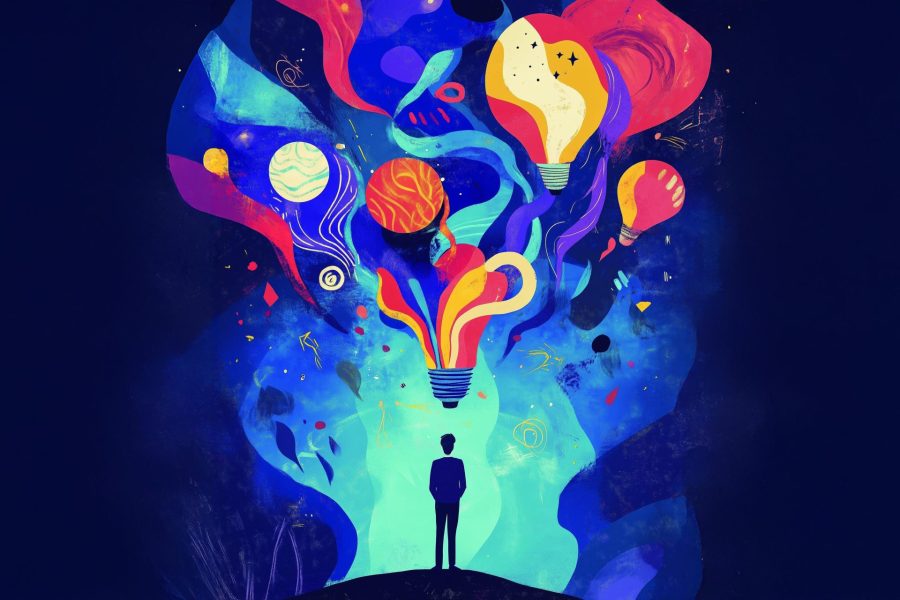 A graphic depicting a sillouhetted person with lightbulbs and lots of colors above.