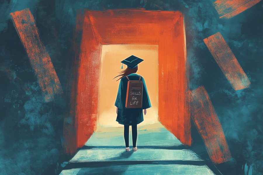 Graphic depiction of a female graduate with a backpack that says 'skills for life' as she contemplates walking through a doorway