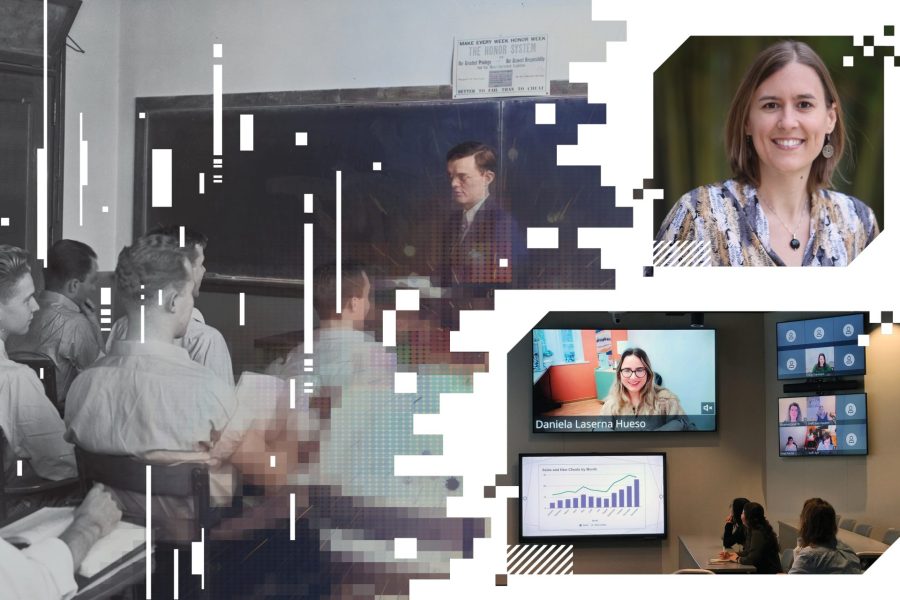 Collage of classes taught in black and white and a hybrid classroom where students are both in attendance and remote and a portrait of Meg LeRoy.