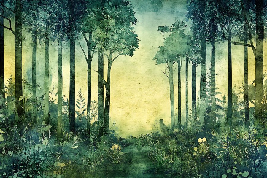 A watercolor painting depicts a lush forest with a pathway that winds between tall trees.