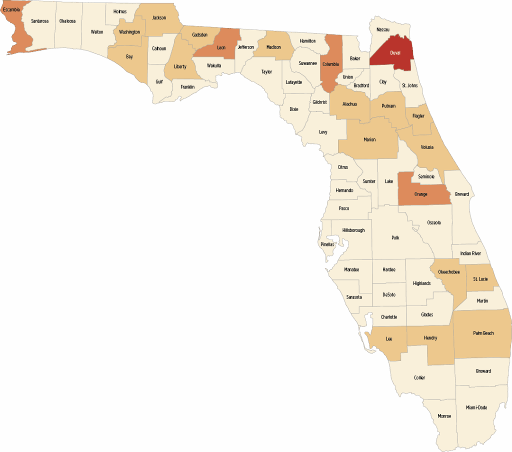 A map of florida counties with different colors indicating the number of gun incidents