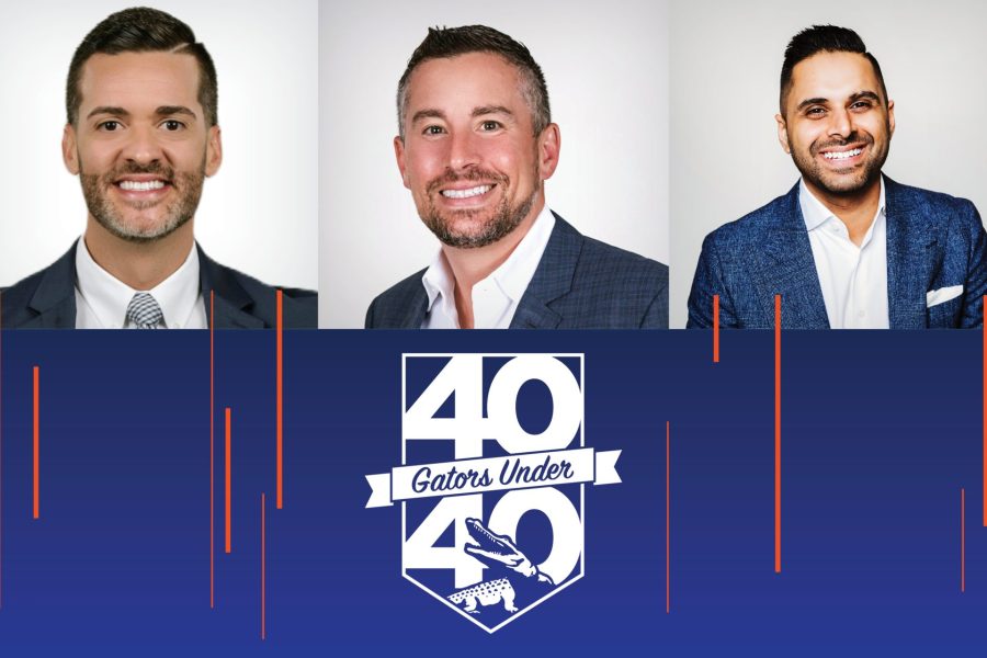 Daniel Betancourt, Darren Palestine and Sal Rehmetullah and the 40 Gators Under 40 logo.